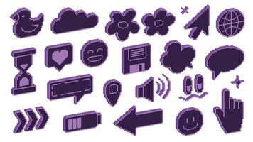 Retro purple pixel art icons - 80s style symbols and emoticons collection. 8byt set of computer icons vector