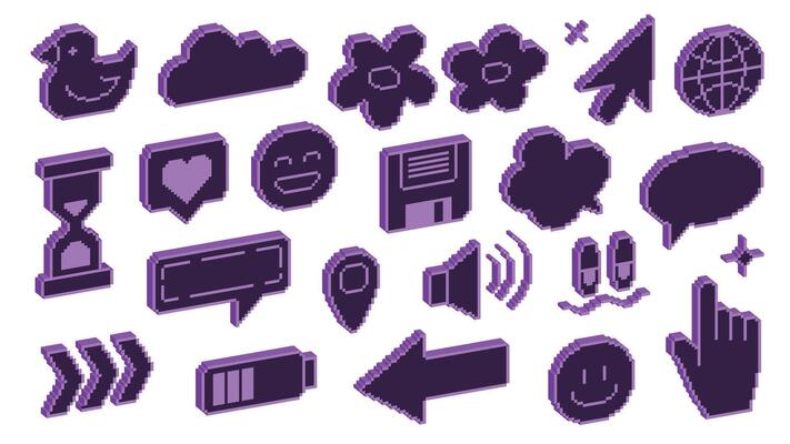 Retro purple pixel art icons - 80s style symbols and emoticons collection. 8byt set of computer icons