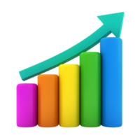A stylized graph with five vertical bars of varying heights representing data or statistics. png
