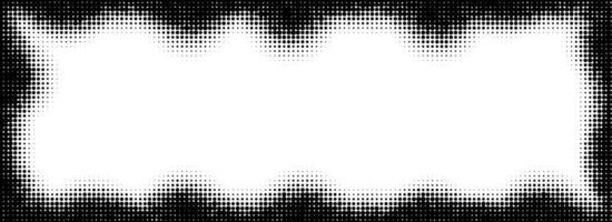 Halftone rectangle grain frame. Black comic dotted wavy border. Pop art fading gradient frame backdrop. Monochrome grunge abstract framing background. Dot textured graphic design wallpaper vector