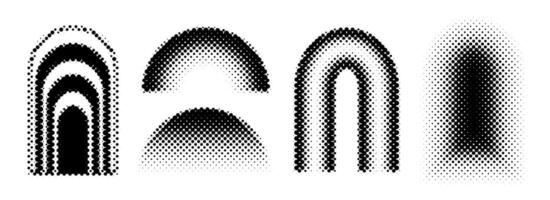 Black halftone arch set. Different pixelated gradient arc collection. Dotted pop art curve element bundle for collage, graphic design template, banner, poster. Comic bitmap 8 bit warp pack vector