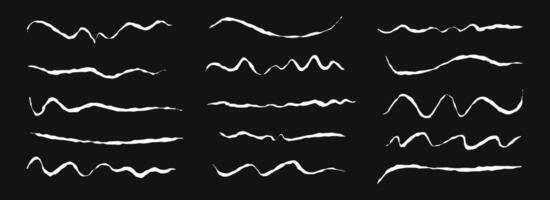 Hand drawn chalk wavy lines set. White pastel squiggle underlines and strokes collection. Crayon wave brushstroke bundles. Rough sketch marks and highlights for divide, separate and emphasis vector