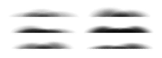 Halftone shadow set. Black dotted gradient stripe collection. Horizontal pixel grain line patterns. Half tone textured shade pack for divide and separate. Noise dots and particles elements vector