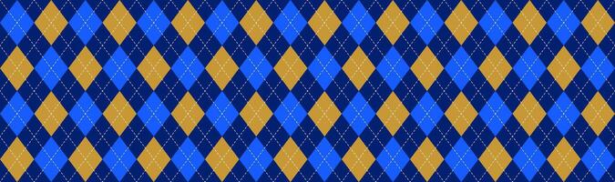 Blue yellow seamless argyle pattern. Navy rhombus repeated texture wallpaper. Masculine stitched diamond background for textile design, fabric swatch, scarf cloth, suit print. Wide backdrop vector