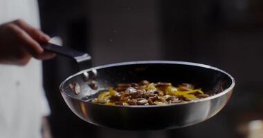 A person is stirring a pan with food in it video