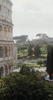 The side of the Colosseum and the area in front of the attraction filled with tourists on a sunny clear day. Italy Rome. in 4k, red komodo, vertical video