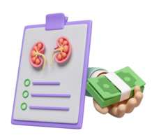 3d check list for health with kidney, doctor hand holding a stack of banknotes isolated. health check report, medicare concept, 3d illustration render png
