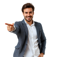 a man in a suit pointing at something png