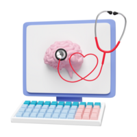 Computer display brain with stethoscope isolated. brain health check concept, 3d illustration render png