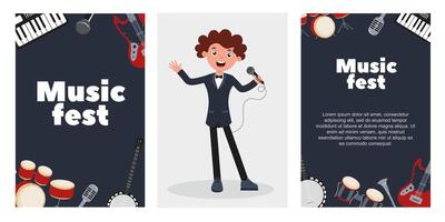 Music fest celebration with joyful performer and instruments in colorful design vector