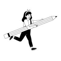 Young girl running while carrying an oversized pencil through a playful setting vector