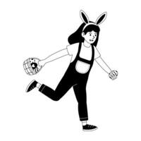 Child in bunny ears joyfully running with a basket and a cupcake during an Easter celebration vector