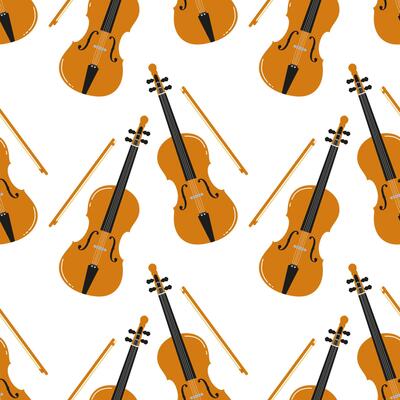 Colorful pattern featuring violins and bows on a white background