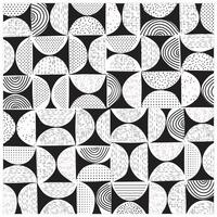 A geometric black and white pattern made of varied shapes and textures, featuring scattered red dots for accent. vector