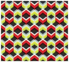 A vibrant geometric pattern featuring red, yellow, and green chevron shapes arranged in a repeating diamond formation on a dark background, it could be used as a wallpaper, fabric design and pillow vector