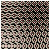 A repeating geometric pattern featuring beige, red, and teal stars on a black background. vector