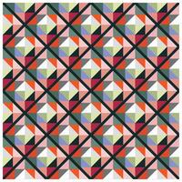 Colorful geometric print pattern featuring overlapping diamonds and cubes in shades of green, red, pink, purple, and white on a light background vector