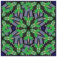 Geometric pattern featuring vibrant green shapes, bold stripes, and intricate designs on a dark background, creating a kaleidoscopic effect. vector