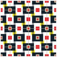 A vibrant geometric pattern featuring black squares, red and yellow rectangles, and beige accents on a white background. vector