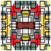 Abstract geometric pattern featuring interlocking black lines with bold red, yellow, green, white, and gray blocks, it could be used as a wallpaper, fabric design, pillow, bag vector