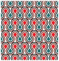 A repeating geometric pattern featuring curvy red and teal droplet shapes outlined in black against a white background. vector