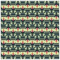 A vibrant repeating pattern with leaves, teardrop shapes, and floral motifs in green, red, and orange against a light background. vector