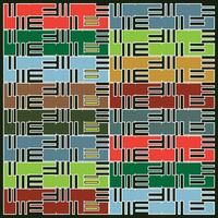 A colorful grid pattern featuring abstract, interlocking shapes in vibrant hues of red, green, blue, and yellow against a dark background. vector