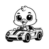 Outline drawing of a duck driving a sports car, coloring page vector