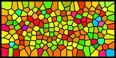 A vibrant stained glass mosaic with irregular geometric shapes in shades of yellow, red, green, blue, and orange, outlined in black, creating a dynamic and colorful abstract pattern. vector
