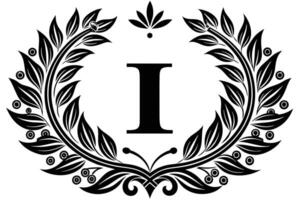 Elegant Black and White Initial I Monogram with Laurel Wreath vector