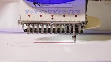 View of sewing factory. Close up of automatic machine working at high speed video