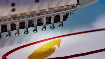 Labor work in garment factory. Close up of automatic machine in textile factory video