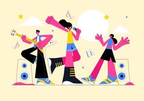 Musical Performance Illustration with Artists Playing Instruments on Stage vector