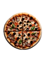 A pizza with olives, ham and cheese png