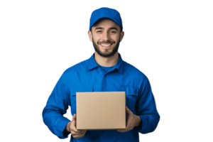 A smiling man in a blue uniform holding a box png