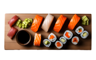 Sushi on a wooden cutting board png
