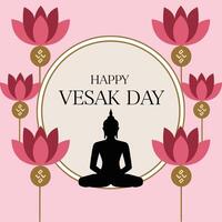 Happy vesak day background with buddha statue and lotus flowers vector