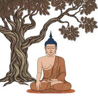 A buddha sitting under a tree with leaves vector