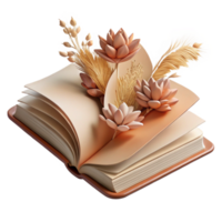 wonderful traditional Open Book with Dried Flowers Isolated authentic png