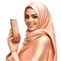 Woman in a peach hijab holding a smartphone and smiling png