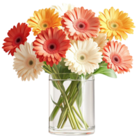 Bouquet of colorful gerbera isies in a clear glass vase png