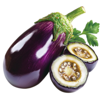 purple eggplant with a glossy surface and a sliced open half showing seeds png