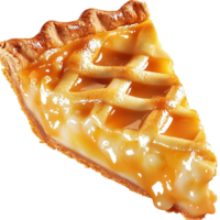 Slice of caramel apple pie with a golden lattice crust and sweet filling png