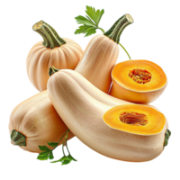 Butternut squashes with one cut open revealing orange flesh png