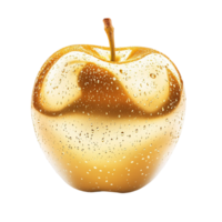 Golden apple with a sparkling metallic finish and a delicate stem png