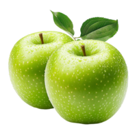 Two green apples with a shiny surface and attached leaves png