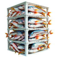 Stacked metal crates filled with silver fish with open eyes png