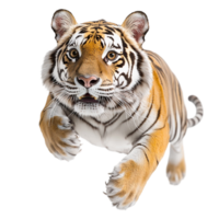 Powerful tiger leaping forward with intense focus and sharp claws png