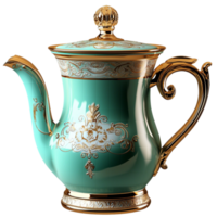turquoise teapot with gold detailing and intricate design png