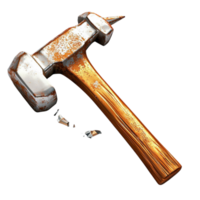 Broken hammer with a wooden handle and shattered metal head png